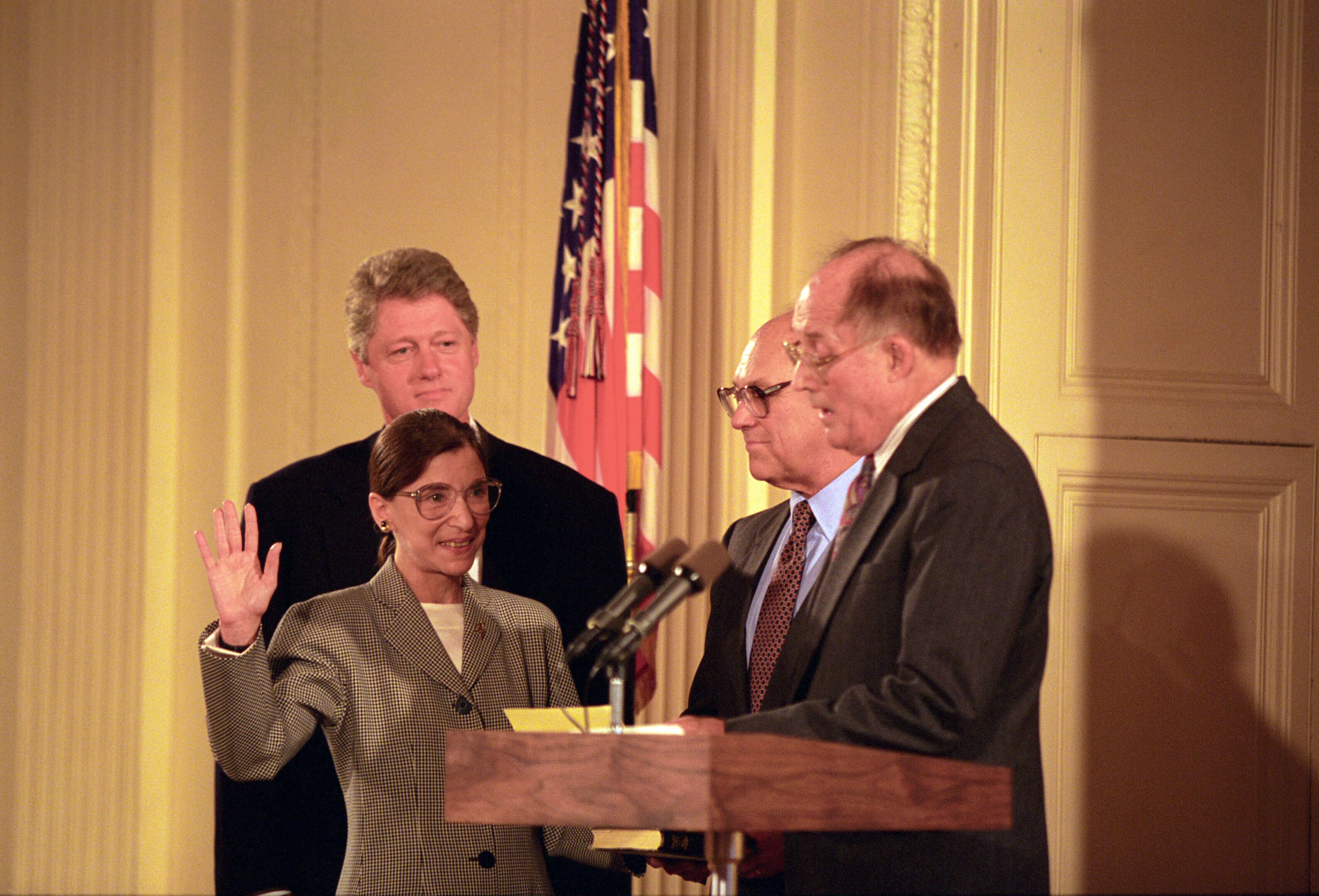 Chief Justice William Rehnquist administers the oath of office to Judge Ruth Bader Ginsburg as Associate Supreme Court Justice at the White House