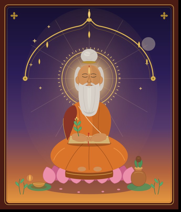 Illustrated portrait of the sage Vāgbhaṭa seated in meditation beneath a golden arc of stars, a palm-leaf manuscript and healing herbs before him